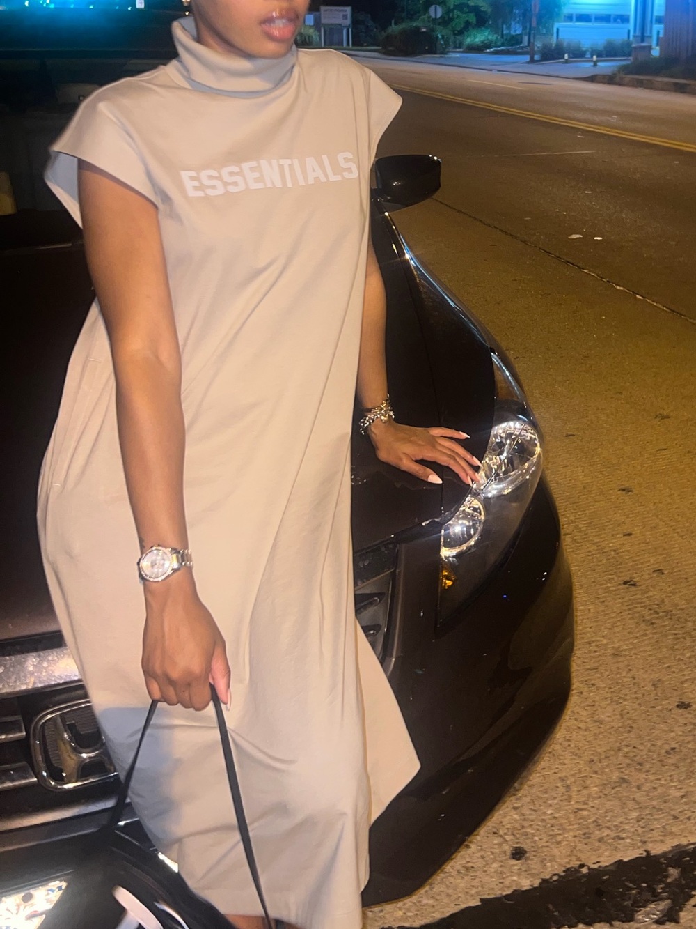 Essentials Taupe Sleeveless Turtleneck Logo Dress